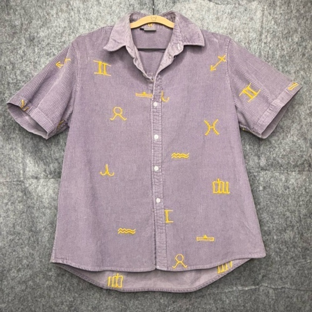 Chuot Trang Purple Corduroy Short Sleeve Button-Down Zodiac‎ Shirt- Sz XXL